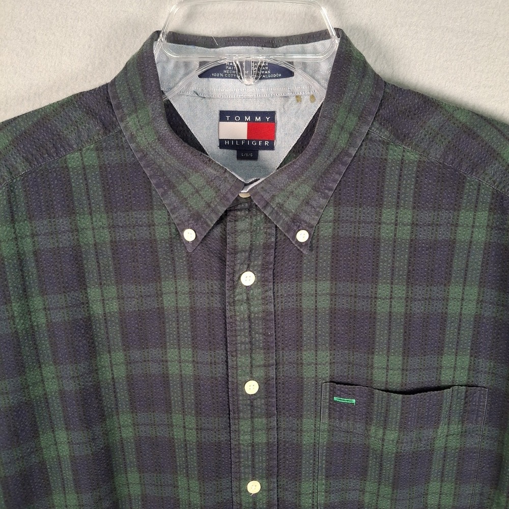 VTG 90s Tommy Hilfiger Seersucker Plaid Shirt Men L Green Navy Blue Blackwatch